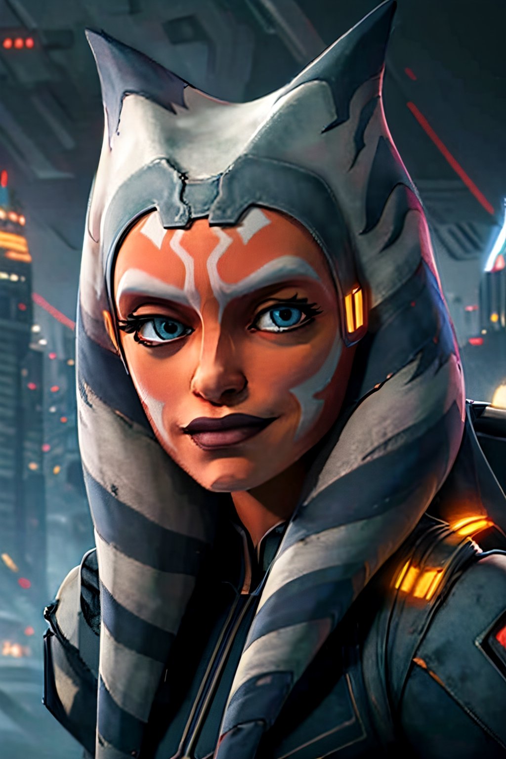 ahsokatano, facial portrait, sexy stare, smirked, futuristic city, cloudy sky, spaceships, 