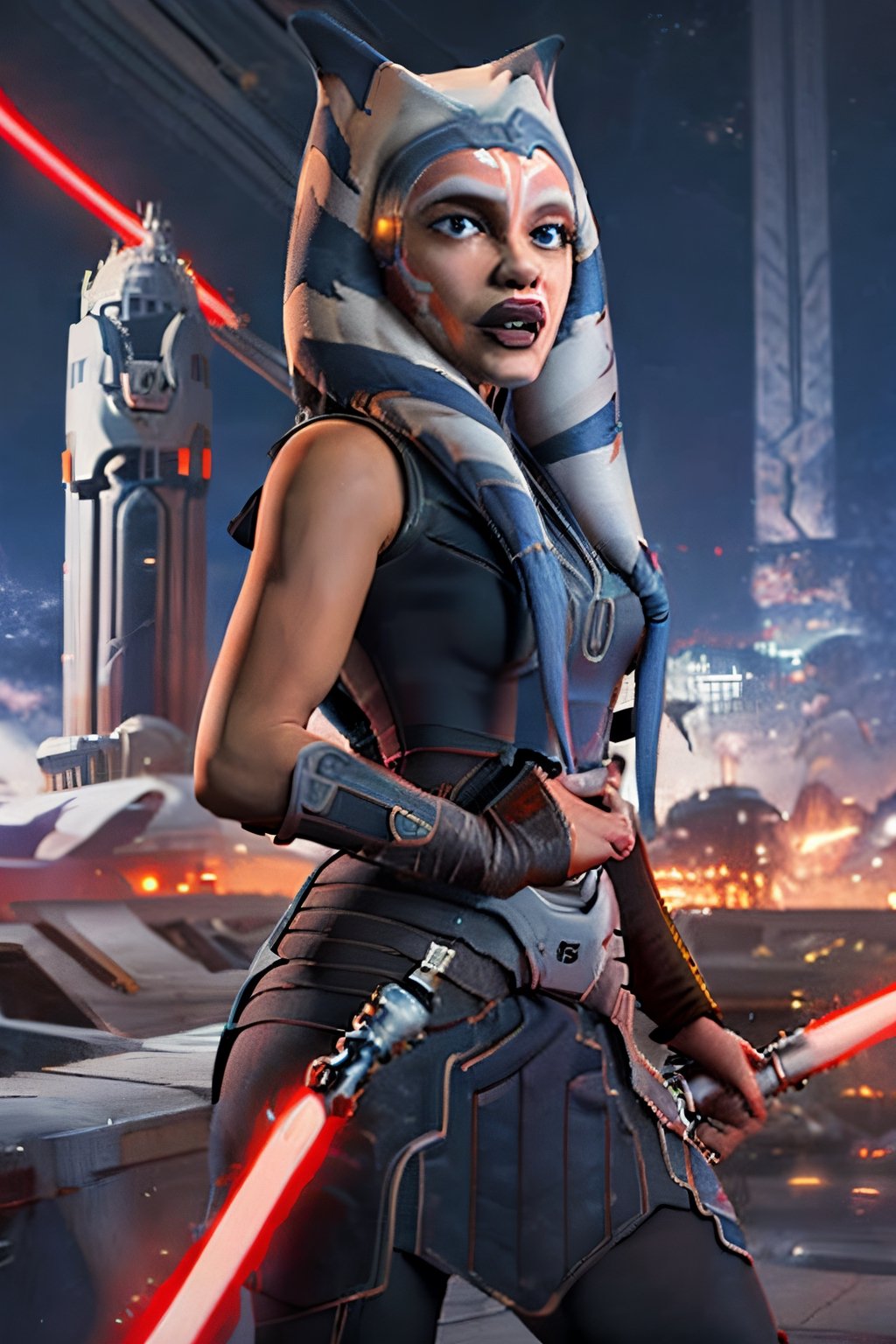 ahsokatano, facial portrait, sexy stare, smirked, futuristic city, cloudy sky, spaceships, light_saber, white, screaming, holding white light saber on each hand