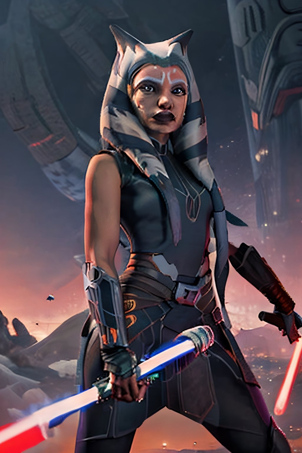 ahsokatano, facial portrait, sexy stare, smirked, futuristic city, cloudy sky, spaceships, light_saber, white, screaming, holding white light saber on each hand