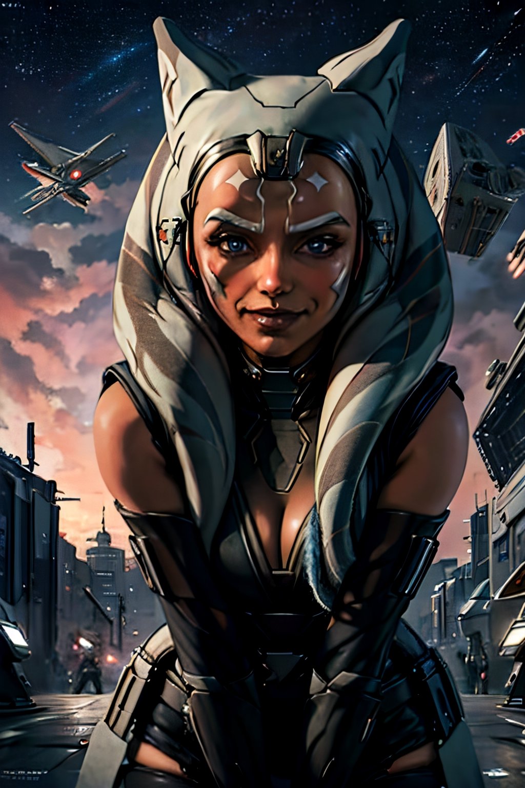 ahsokatano, facial portrait, sexy stare, smirked, futuristic city, spaceships, death star looming in the sky,1girl