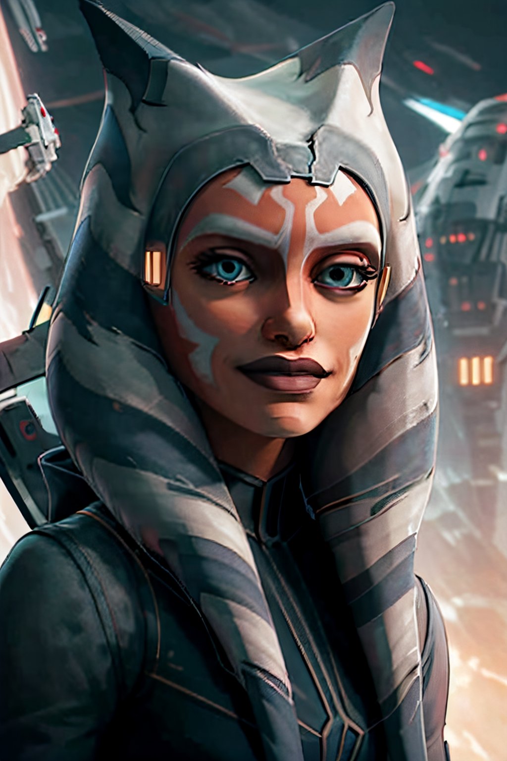 ahsokatano, facial portrait, sexy stare, smirked, futuristic city, cloudy sky, spaceships, 