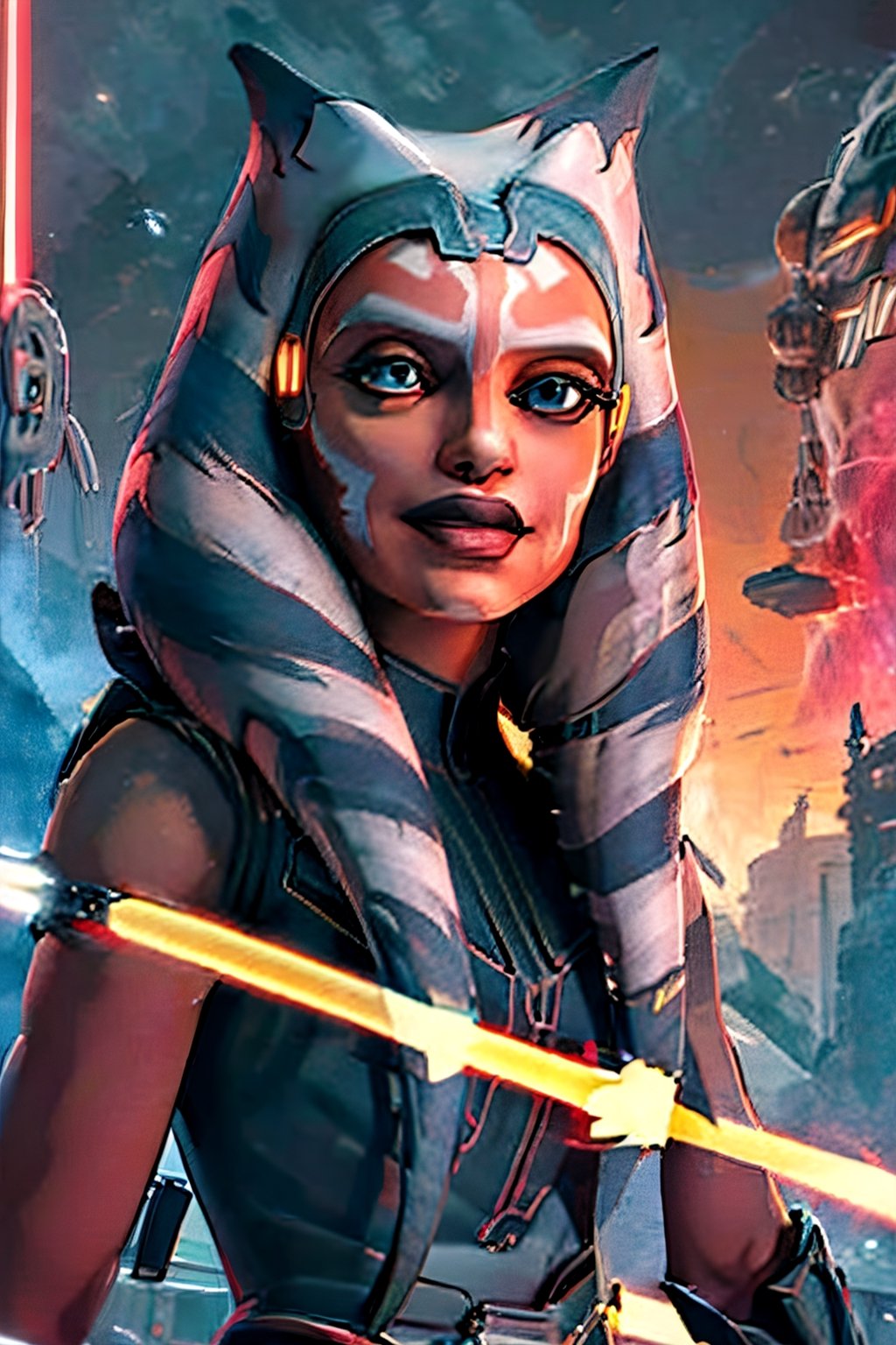 ahsokatano, facial portrait, sexy stare, smirked, futuristic city, cloudy sky, spaceships, light_saber, white, 