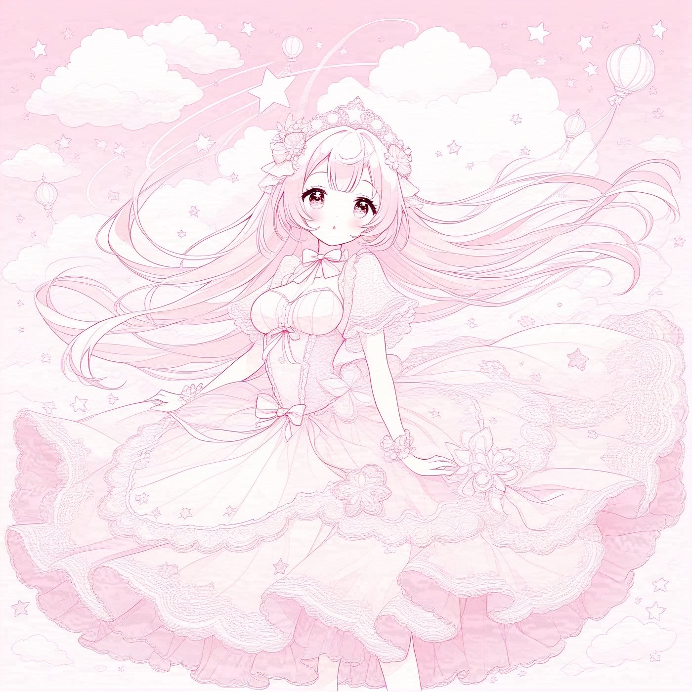 anime girl, big breast, long loosen straight pastel pink hair, anime irregular bangs, hair in the cheeks. pink cute big eyes. cute face. White/fair skin with pink contours, wearing color light pink, white, cute clothes, pink dress, fluffy, lace, ribbon, pastel pink background, clouds. candies stars, flowers, dreamy, magical girl, magical world, more detail XL, elegant art style