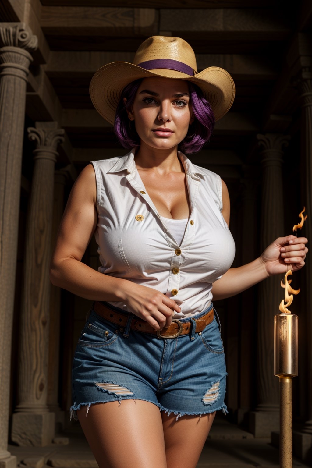 Cowboy shot, (masterpiece, high quality, illustration) Wide angle, Inside a dark ancient Aztec temple, 1girl, mature female, (huge breasts), sagging breasts, purple hair, perfectly explained hands,perfect fingers, plump, wide hips, thick thighs, (taut_clothes), sleeveless white button shirt, taut buttons, tucked_in_shirt, cleavage, bursting_breasts, brown shorts, skindentation, holding up one large wooden torch, (Indiana Jones Hat), covered in dirt, concerned