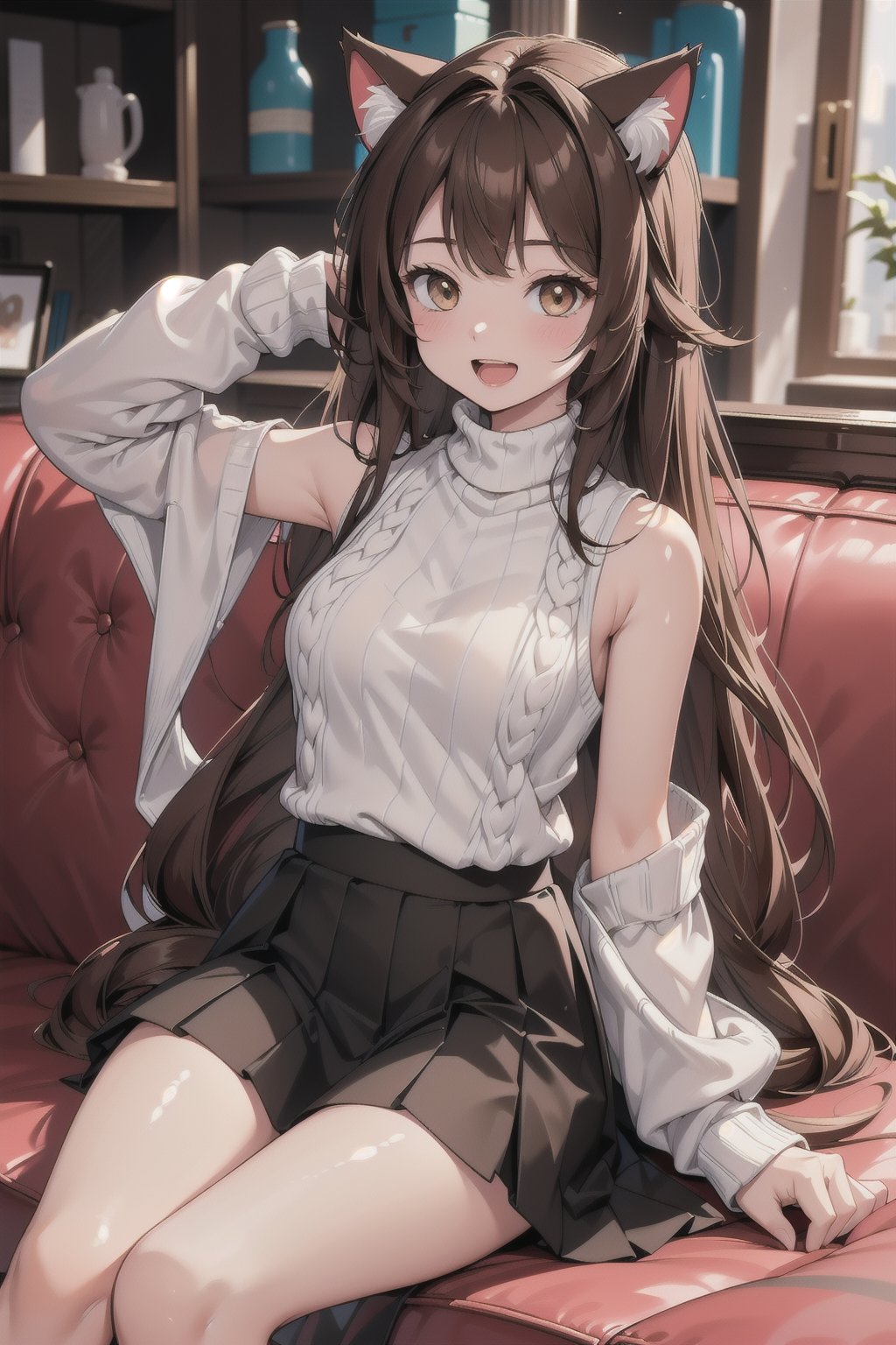 (vibrant colors, female, masterpiece, sharp focus, best quality, depth of field, cinematic lighting, ((solo, one woman )), (illustration, 8k CG, extremely detailed), masterpiece, ultra-detailed, long hair, breasts, blush, smile, open mouth, bangs, skirt, large breasts, brown hair, animal ears, bare shoulders, brown eyes, sitting, very long hair, heart, sleeveless, indoors, cat ears, black skirt, blurry, sweater, turtleneck, couch, hand on another's head, headpat, on couch