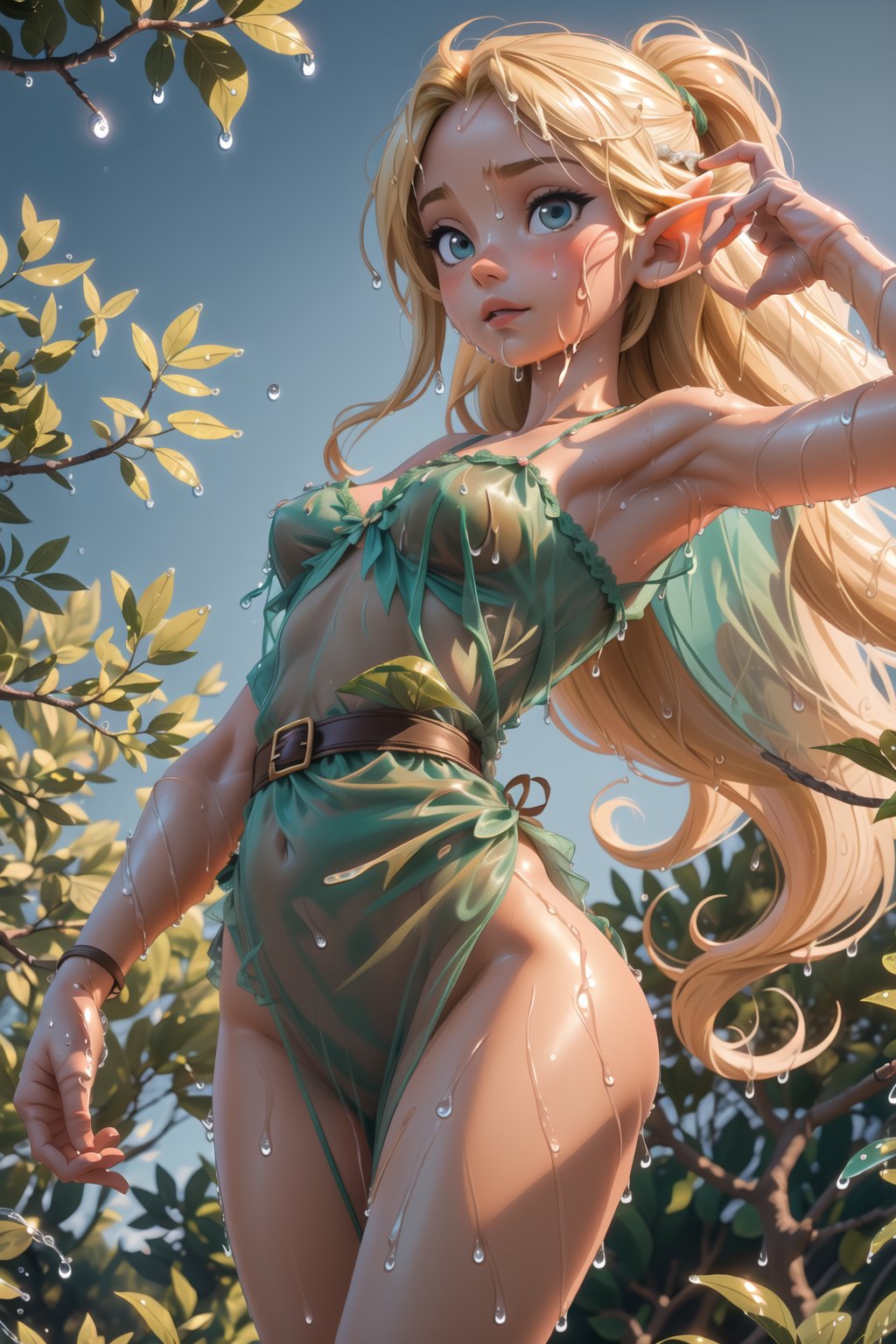 (1girl), (elf), (Dark_skinned), dark_skin (sheer nightgown:1.2) , blonde hair, look at camera , small chest, (public_hair:1.2), (wet body:1.3), hand on breast, forest, (fairy:1.2), branch, dancing, ballet,(from below), (seductive pose),leaf bikini