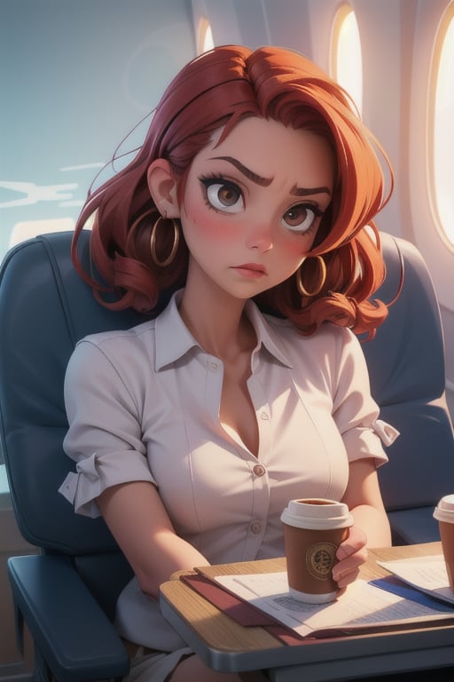 1girl, (masterpice), upper body image, best quality, high quality, high detailed, perfect body,perfect_face, high_detailed_face, siting on the aeroplane window glass, holding a coffee disposable cup, cup, holding cup, realism face, good body, small_breasts, unpleased, jealous, tired, stressed,  red_eyes, breasts, red_hair, hair ornament, red_eyeshadow, red_braided_hair, makeup ,short curls hair, lipstick ,blush ,braided_hair, female, light-skinned_female ,light_skin ,sakimichan style ,skin_contrast, photorealistic:1.37, school, clothes for travel, looking at viewer, on an aeroplane , intricate detail, detailed background, detailed skin, pore, highres, hdr, traveling