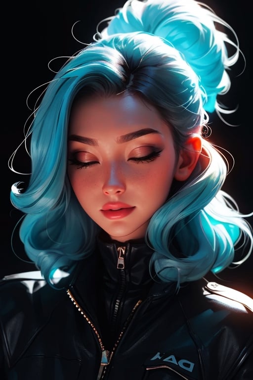 Digital art of a beautiful girl with glowing aqua curly hair, black background, high quality, masterpiece, eyes closed, glowing top, light 