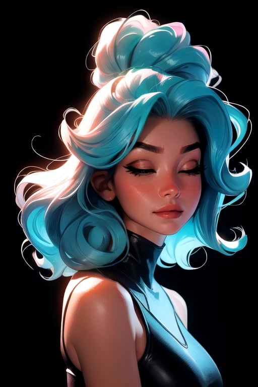 Digital art of a beautiful girl with glowing aqua curly hair, black background, high quality, masterpiece, eyes closed, glowing top, light 