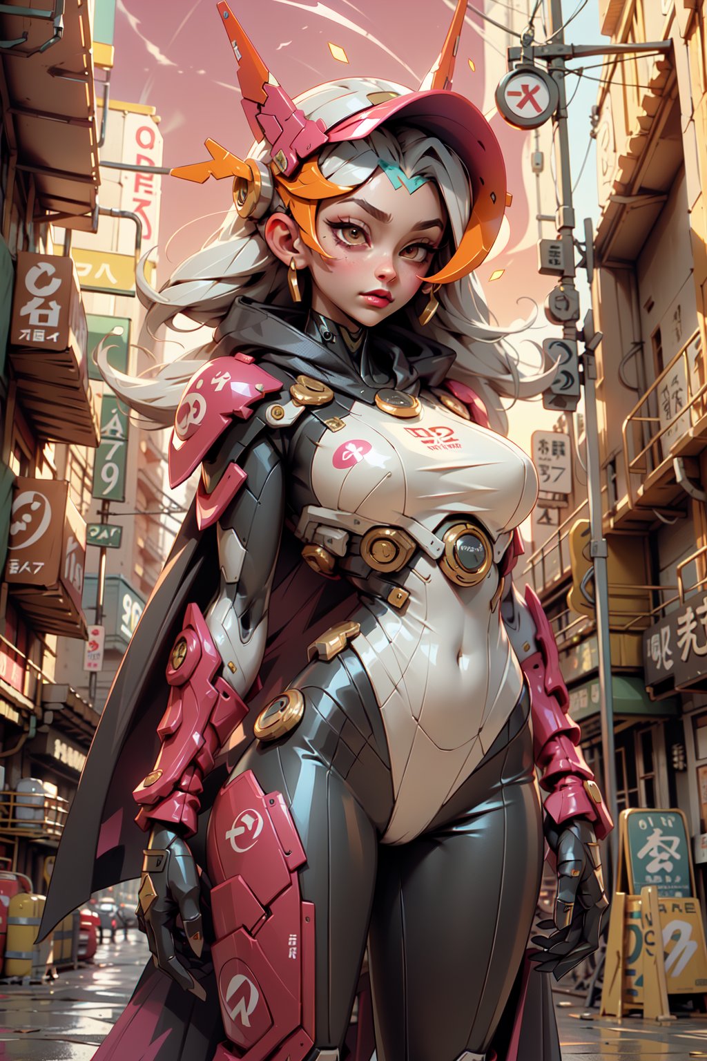 female, cyberpunk scene, woman criminal, dangerous (yakuza:1.2) android wearing glossy black mecha hexagonal armor bodysuit, detailed silk cape,sleek (visor:1.2) hi-tech, intricate designer lingerie, red lipstick, (neon red sun:1.1), orange sky, 