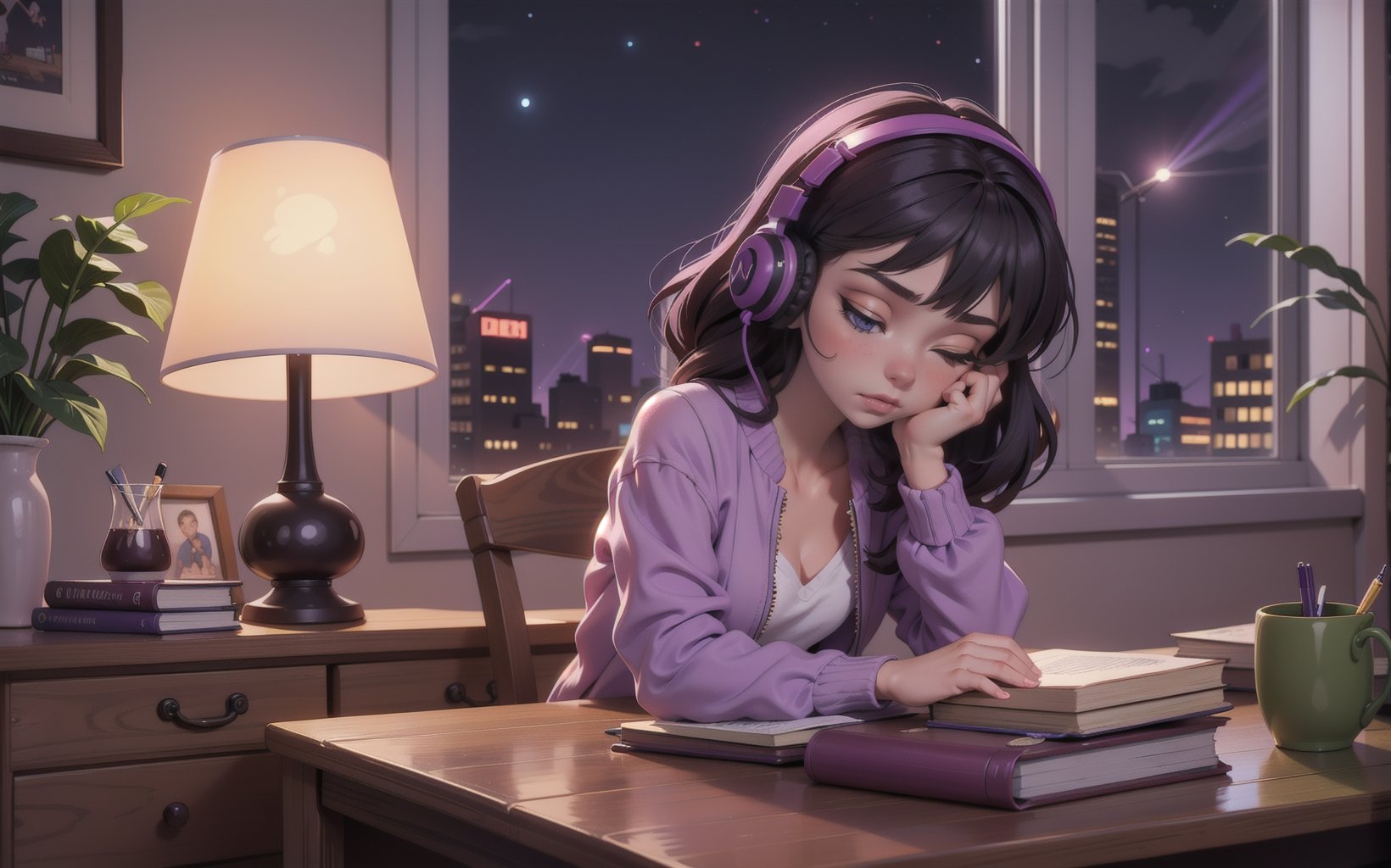 Image of a lofi- girl room, 1girl, studing, front view, lofi, wearing a headphone, inside her bedroom, night, glowing, lofi purple gradient night, purple room, purple dark room, purple light, eyes closed facing her book, in the night, dark, no light, dark purple city glass window view,  teddy bear, books, pen, hair clip on desk