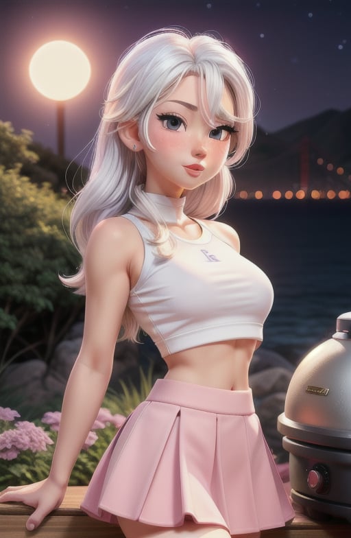 realistic, 1girl, white hair, purple eyes, glowing eyes, crop top, skirt, parted lips, blush, night, flowers, sun, sunlight,SF2 CHUN ,Kamado_Nezuko, cartoon random costumes and colors,facial