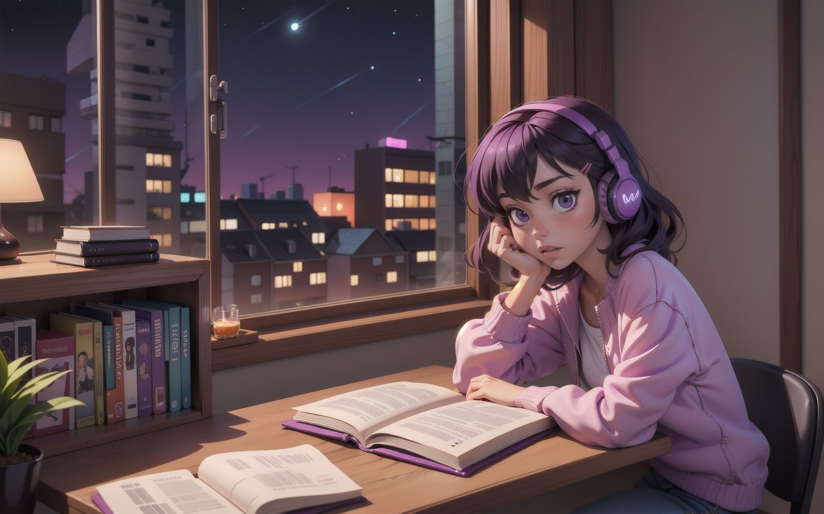 Image of a lofi- girl room, 1girl, studing, front view, lofi, wearing a headphone, inside her bedroom, night, glowing, lofi purple gradient night, purple room, purple dark room, purple light, in the night, dark, no light, dark purple city glass window view,  teddy bear, books, pen, hair clip on desk