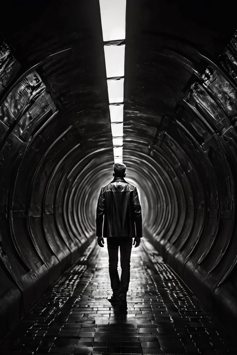 black and white image of a man in a dark tunnel, in the style of futuristic realism, figura serpentinata, sculpture-based photography, captivatingly atmospheric cityscapes, ue5, backlight, stimwave