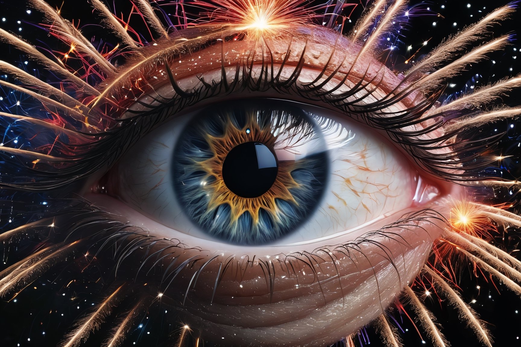 Photo of a highly detailed human eye with the twinkling stars,  within a fireworks sky, fireworks mirrored within it.