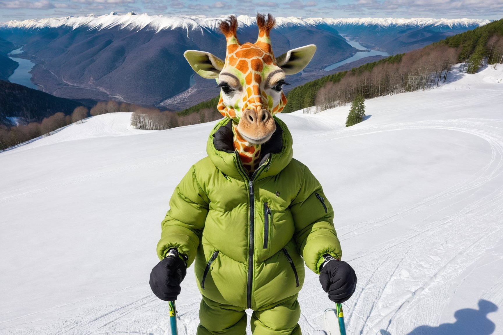 Anthropomorphic small green giraffe, wearing a thick down jacket, skiing in the cold winter, lovely appearance, in nordic mountains
