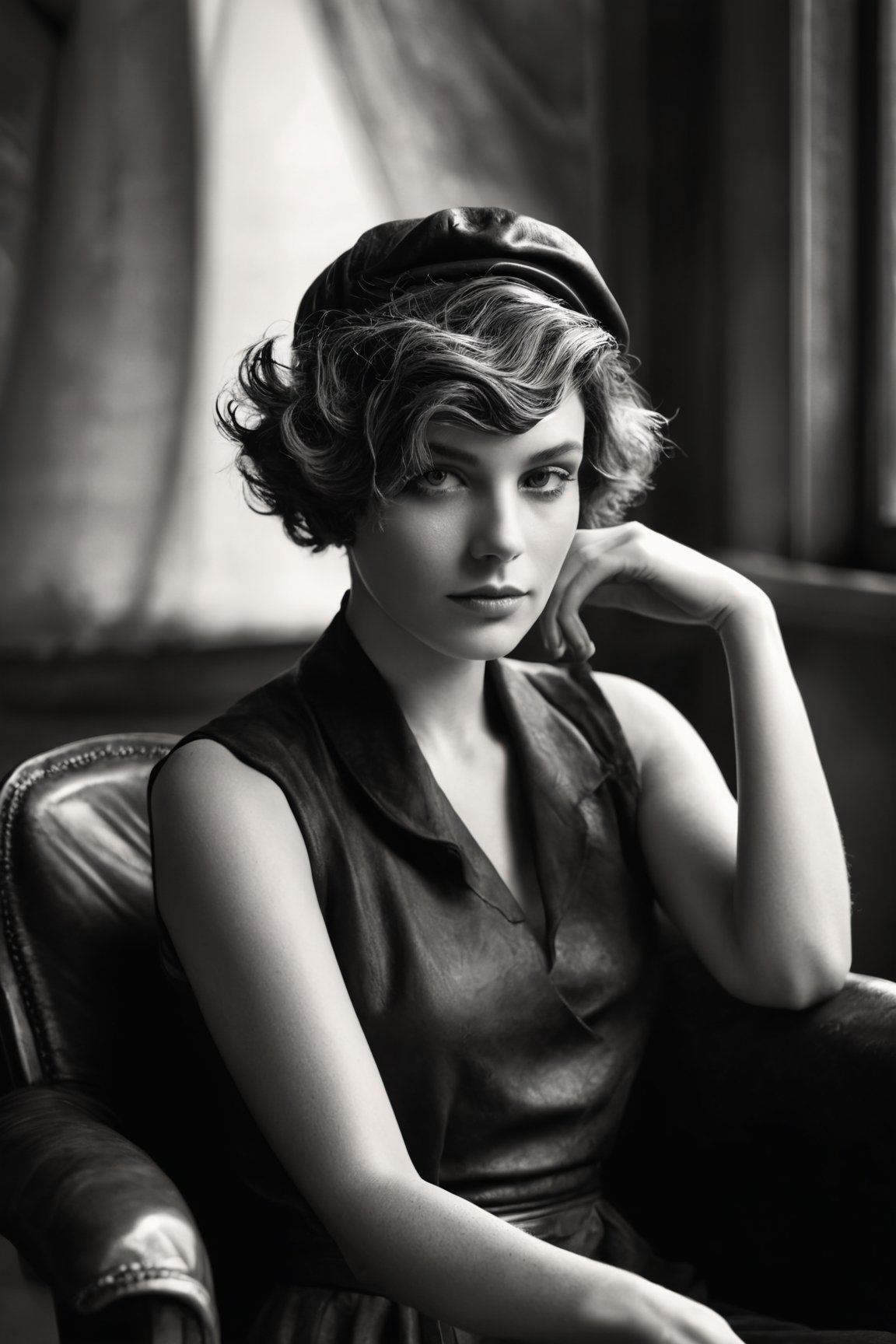 black and white photo from a woman with a wavy pixie cut, her face is in shadow, lounging in an aged leather armchair, legs draped over its side. She dons a dark shoulder-covering elegant dress and a vintage men's hat, from beneath which her hair emerges. The scene is steeped in a vintage mood, with dim light streaming through a grimy window and smoke lingering in the air