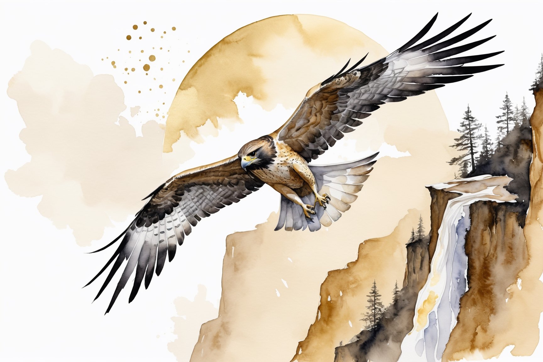 Flowing gold and pearl white watercolor paint strokes of a mystical falcon atop a majestic cliff.
