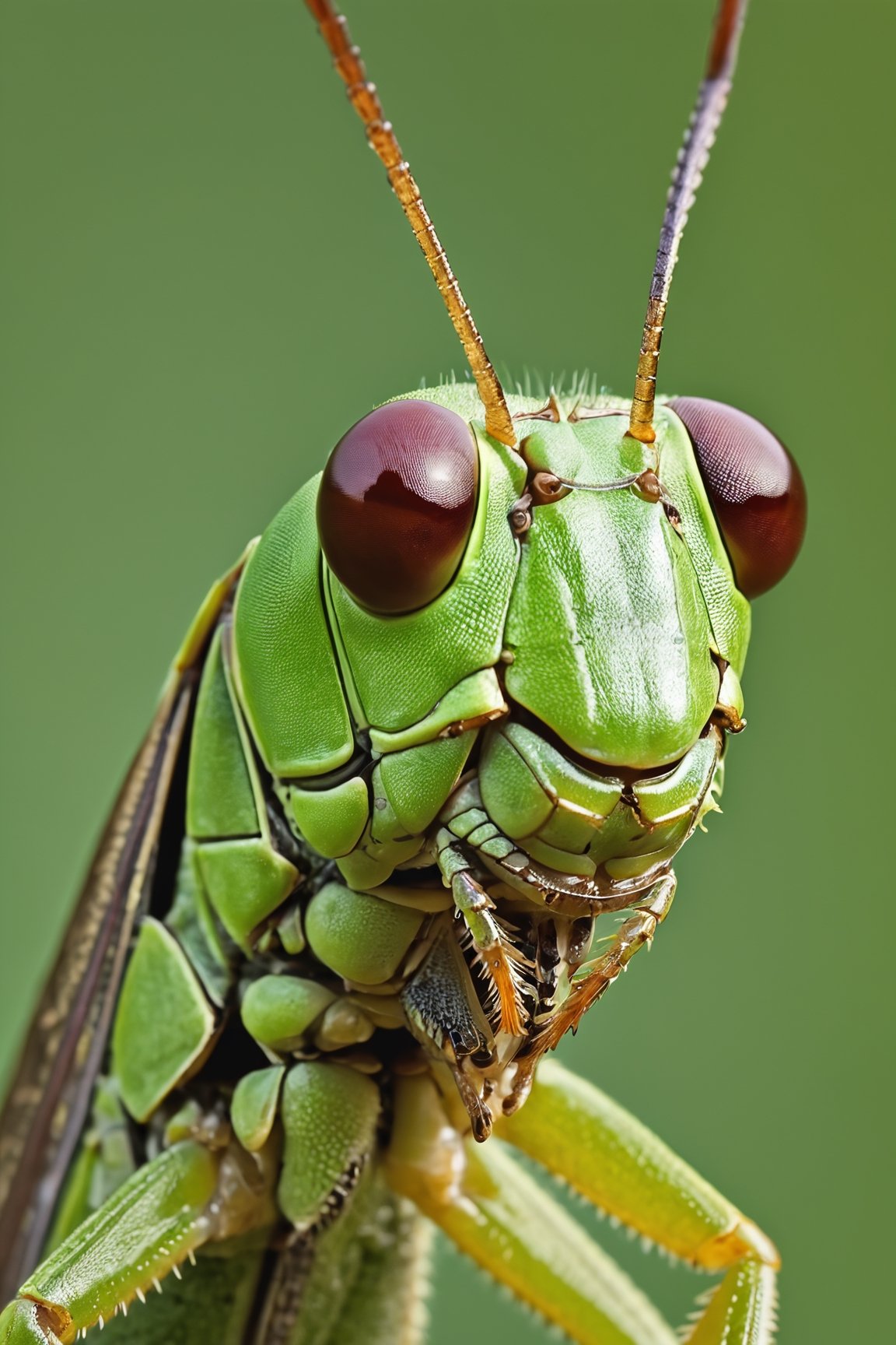 Marco photography of a grasshopper head,, everything sharp in focus, highly detailed