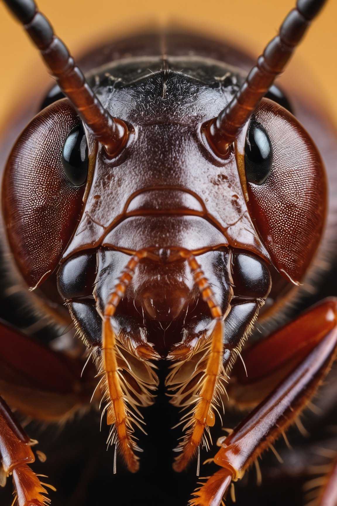 Marco photography of a cockroach head, everything sharp in focus, highly detailed