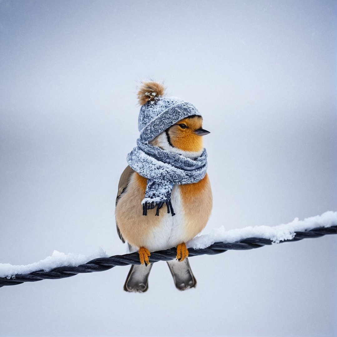 bird with a warm hat, scarf, freezing, snow, snowfall, sitting on a powerline,