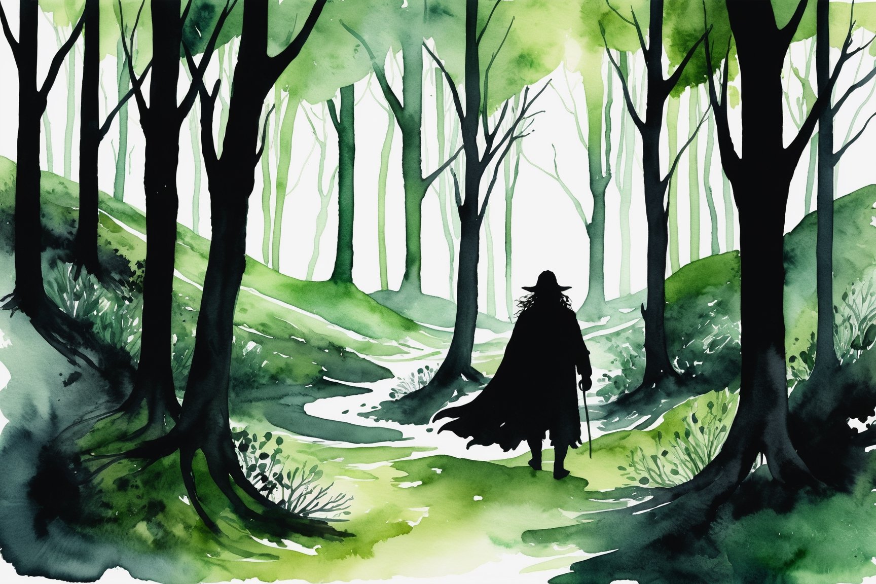 Flowing green and pitch black watercolor paint strokes of a mystical hobbit in the woods