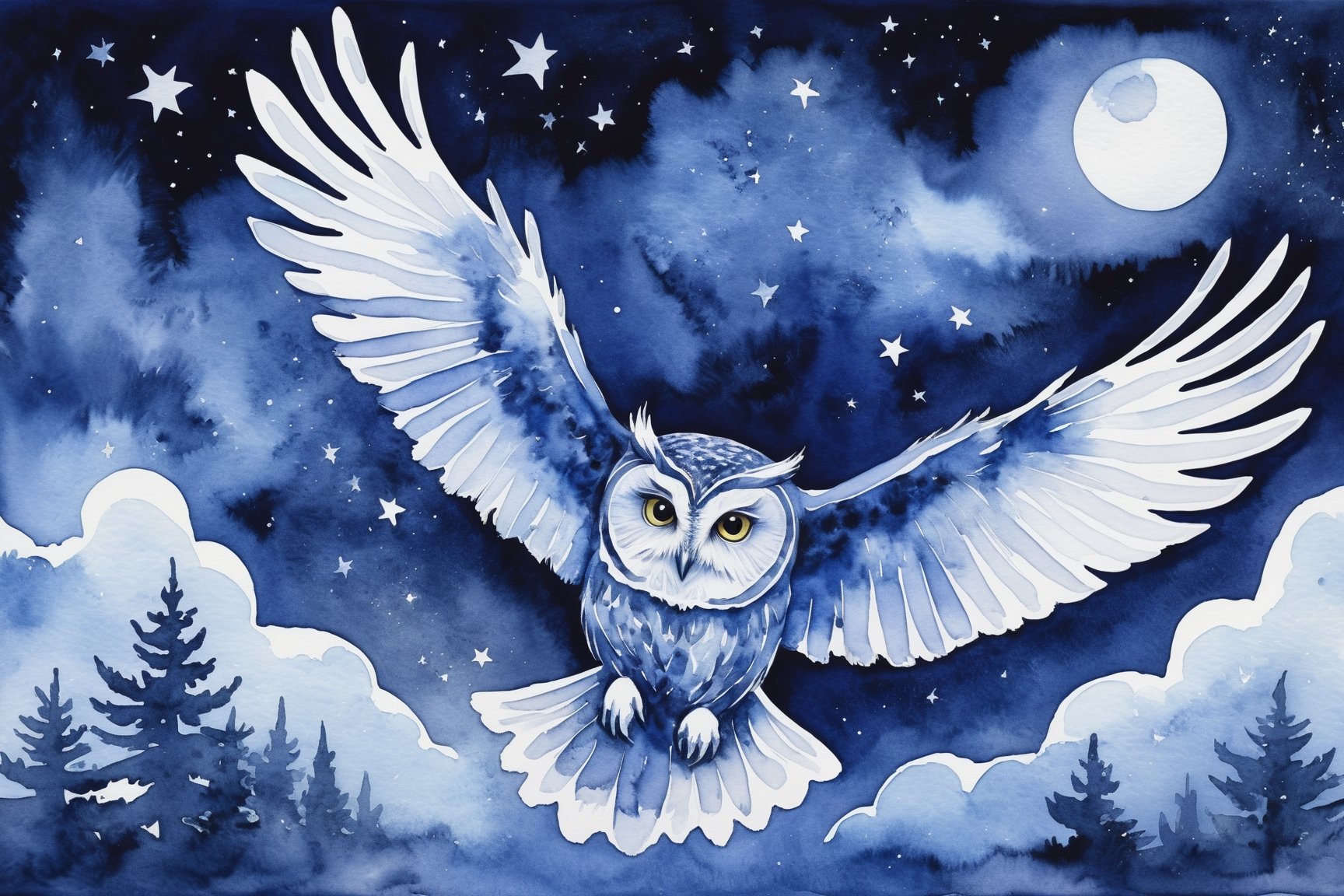 Flowing indigo and moonlight silver watercolor paint strokes of a mystical owl flying in a starlight sky