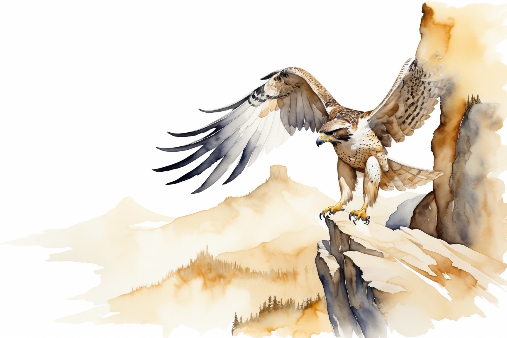 Flowing gold and pearl white watercolor paint strokes of a mystical falcon atop a majestic cliff.