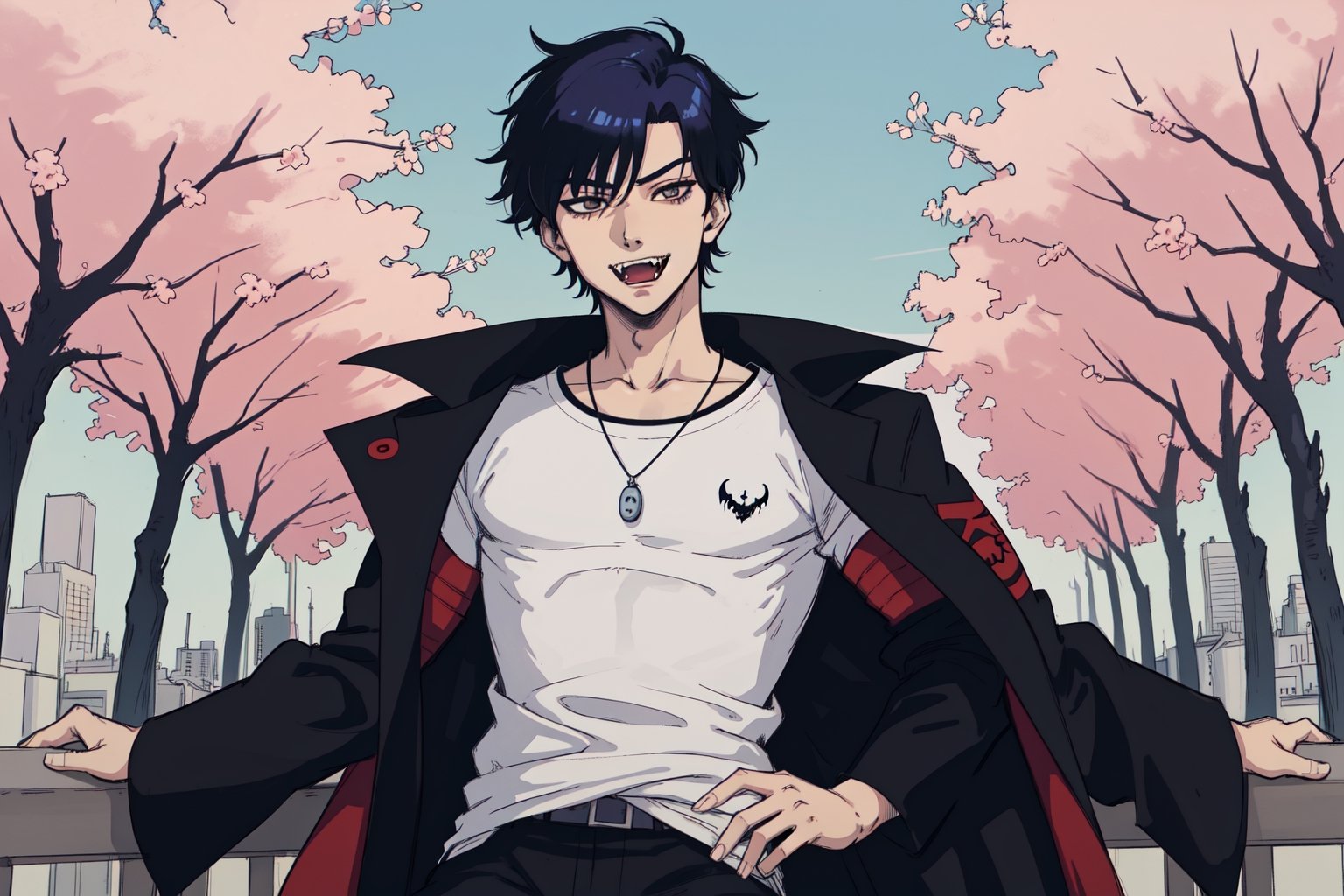   (solo), jungkook, anime, anime style, male, man, 1_boy, slim, slim body, young guy, thin body, small body, thin, sexy_pose, casual_clothes, tree, city, vampire, fangs, shiny eyes,jacket, character sketch, japanese_clothes