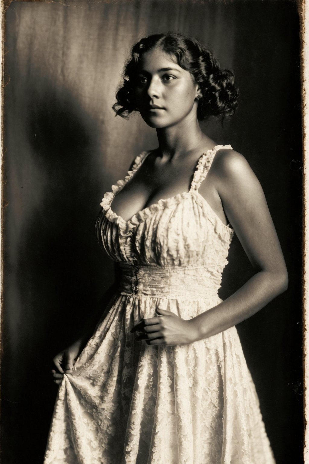 ((Busty voluptuous fit flat-chested feminine soft beautiful dark tanned Hispanic American woman)), (((Black and white,  old faded Albumen photos,  old-fashioned,  old,  vintage,  late 19th century,  1880s 1890s photograph))),  ((late 19th century early 20th century,  late 1800s early 1900s)),  ((high contrast lighting)),  (dark shadowy shady nighttime),  rosy blush,  black and white,  ((Wearing a light dress gown)), high definition, complex_background, aesthetic portrait, epic details 8k, super high quality,perfecteyes,Detailedface,DonM4lbum1n,Detailedeyes,1 girl,1girl