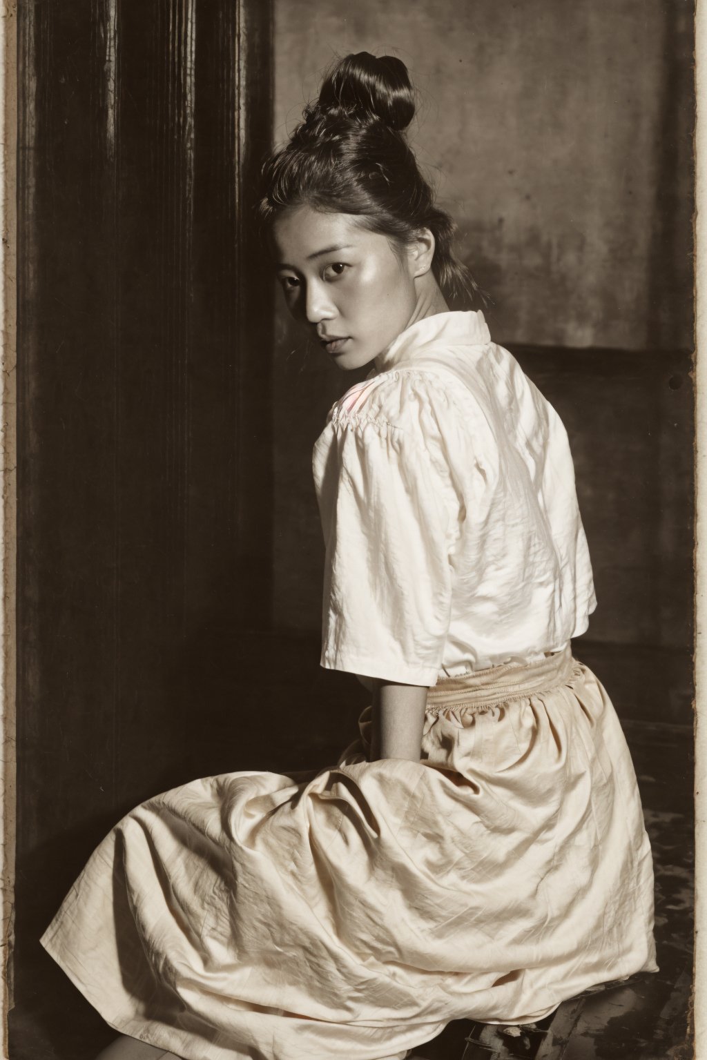 ((Petite modest fit flat-chested feminine soft beautiful pale white Chinese woman)), (((Black and white,  old faded Albumen photos,  old-fashioned,  old,  vintage,  late 19th century,  1880s 1890s photograph))),  ((late 19th century early 20th century,  late 1800s early 1900s,  cotton textile fabric silk factory,  industrial production,  assembly line)),  (((simple tight hairbun))),  ((self-combed zishunü women)),  ((high contrast lighting)),  (dark shadowy shady nighttime),  rosy blush,  black and white,  asian girl, ((Wearing a white shirt and beige skirt sitting)), high definition, complex_background,asian girl,aesthetic portrait, epic details 8k, super high quality,perfecteyes,Detailedface,DonM4lbum1n,Detailedeyes,1 girl,1girl