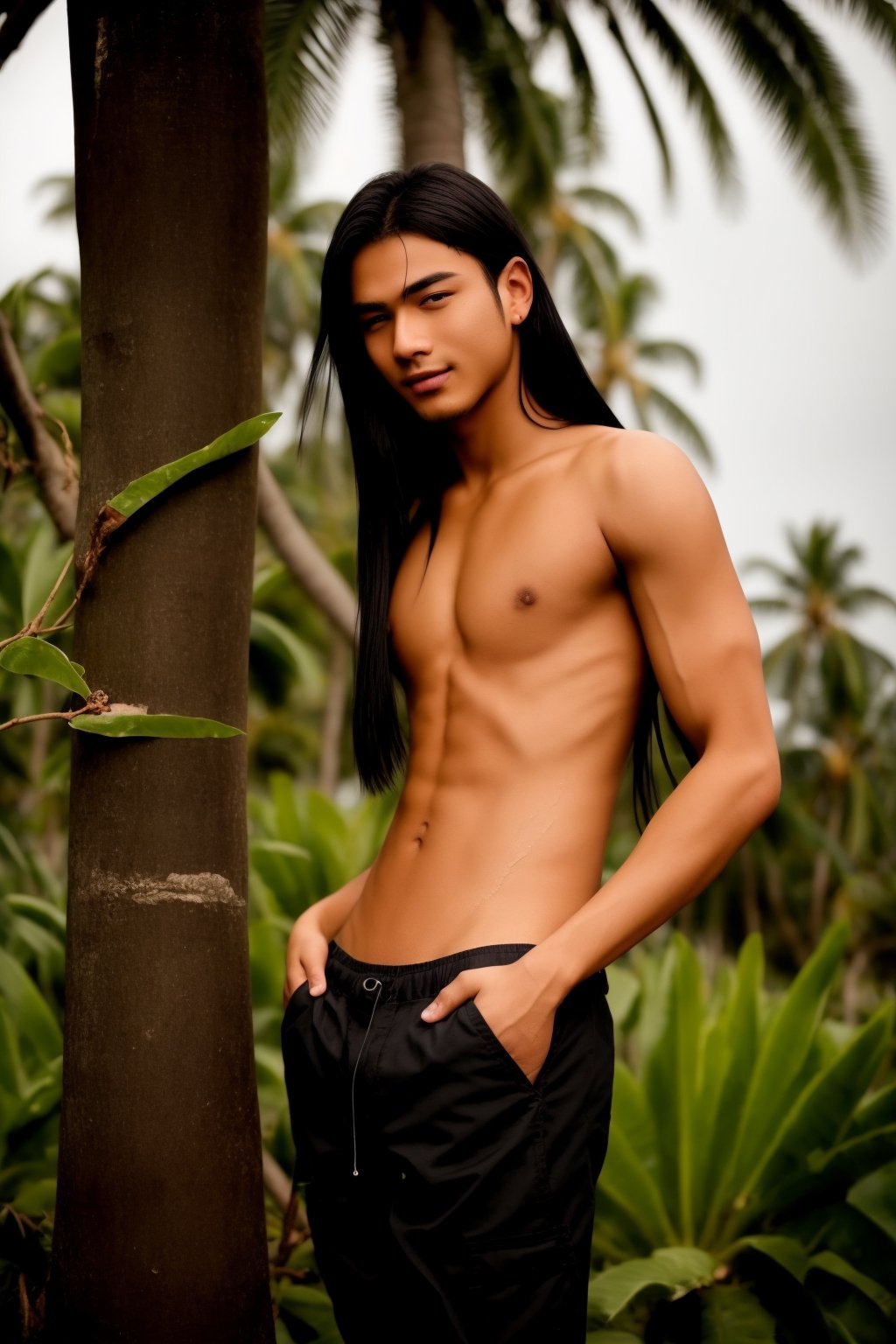 femboy, trap, (black curtain long hair), androgynous, cargo pants, photoshoot portrait, hyperrealistic, 18 years old, clean shaven, fit body, (pectoral, bare chest), detailed face, detailed slim lean physique, retina, smooth belly, smooth stomach, flat belly, flat stomach, handsome face, skinny body, worker cargo pants, Inguinal ligament, erect nipple, small smile, in rain during a spectacular sunset, coconut tree landscape countryside, best quality, 16k, insanely detailed, intricate detail, highly detailed, super detail, high details, uhd, HDR, drop shadow, sparkle, depth of field, accurate, elegant, medium shot, expert,Portrait,Perfect Nipples,photorealistic,trap