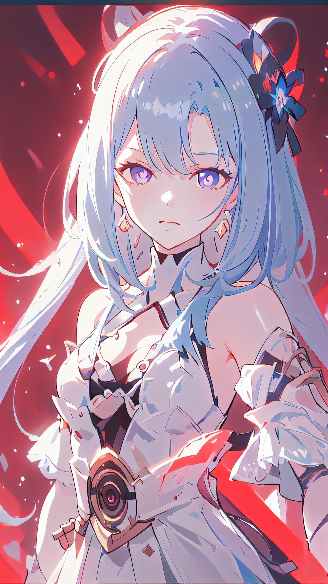 (Masterpiece), best, perfect face, straight hair, 1 girl, solo, sadistic face, bright blue hair, glowing purple eyes, holding red lightsaber, detailed white dress, 1 girl, Gretchen,light_saber