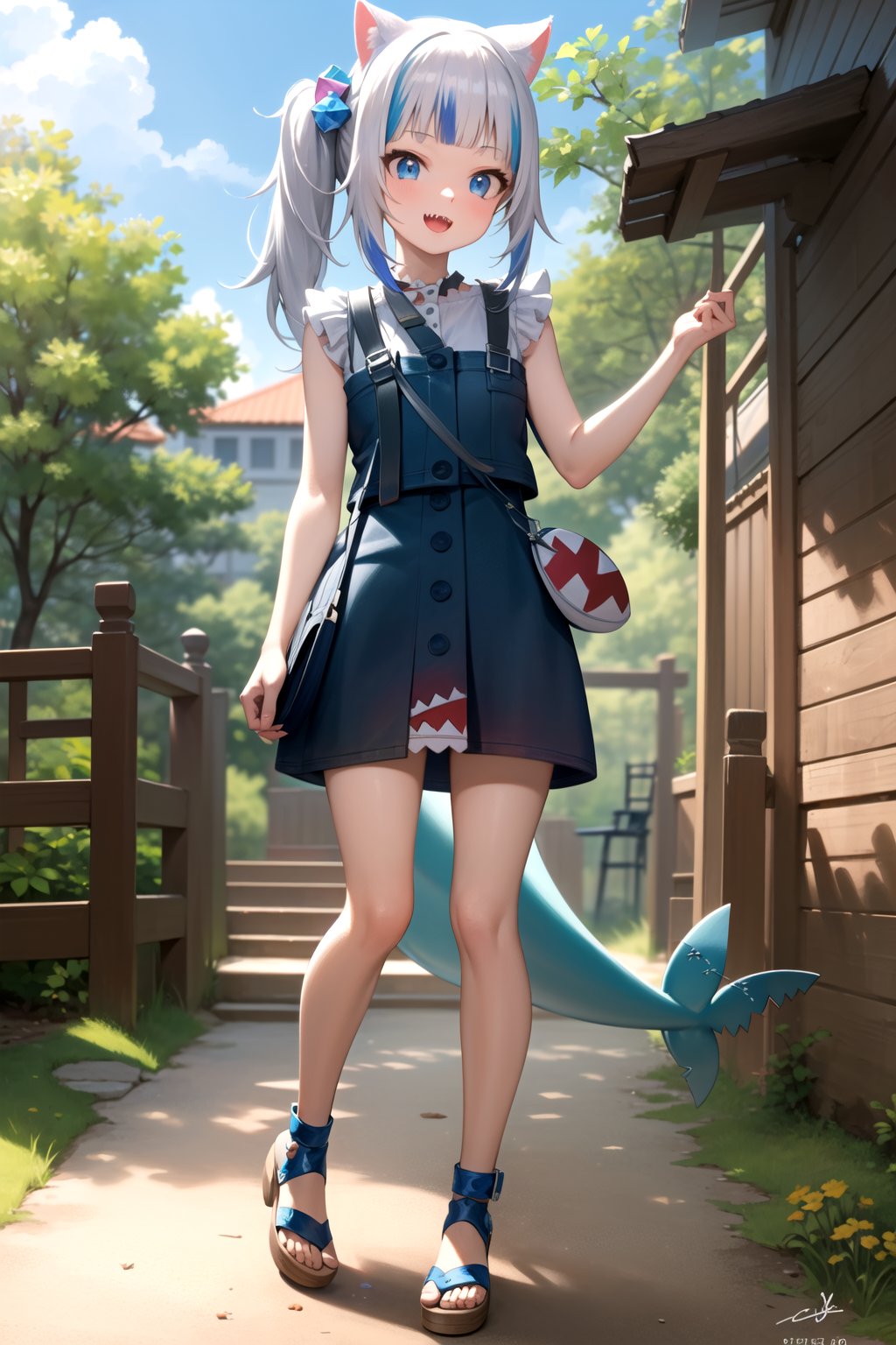 2d, masterpiece, best quality, anime, highly detailed, full body, 1girl, solo, gura_neko, blue dress, cat ears, side ponytail, cube hair ornament, sandals, :d, sharp teeth, shark tail, shoulder bag, standing, shore town