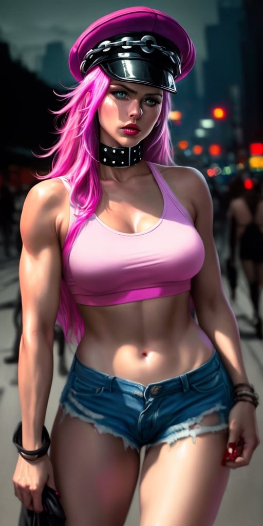 (best quality,4k,8k,highres,masterpiece:1.2),ultra-detailed,(realistic,photorealistic,photo-realistic:1.37), Poison Kiss,Street Fighter,pink long hair,cap,shorts,tank top,metallic claws,piercing glare,gritty urban setting,neon lights,fierce and intense,action-packed,stylish street fashion,dim color palette,strong contrasting shadows,photografic pose,poison (sf)