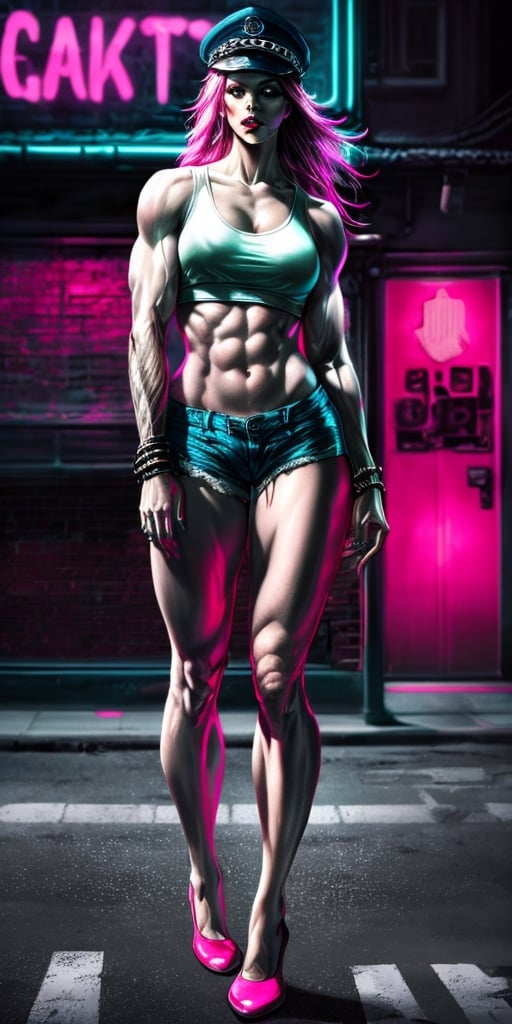 (best quality,4k,8k,highres,masterpiece:1.2),ultra-detailed,(realistic,photorealistic,photo-realistic:1.37), Poison Kiss,Street Fighter,pink long hair,cap,shorts,tank top,metallic claws,piercing glare,gritty urban setting,neon lights,fierce and intense,action-packed,stylish street fashion,dim color palette,strong contrasting shadows,photografic pose,poison (sf)