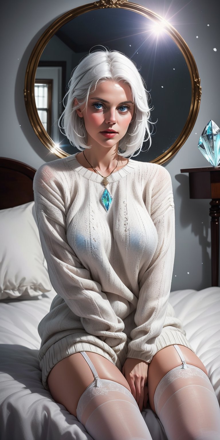 A woman with white hair and blue eyes is seated on a bed of white snow. She wears a white sweater and stockings, her gaze directed at the camera. Behind her is a circular mirror with a crystal design. The atmosphere is serene and cool, with a hint of celestial light emanating from the mirror.