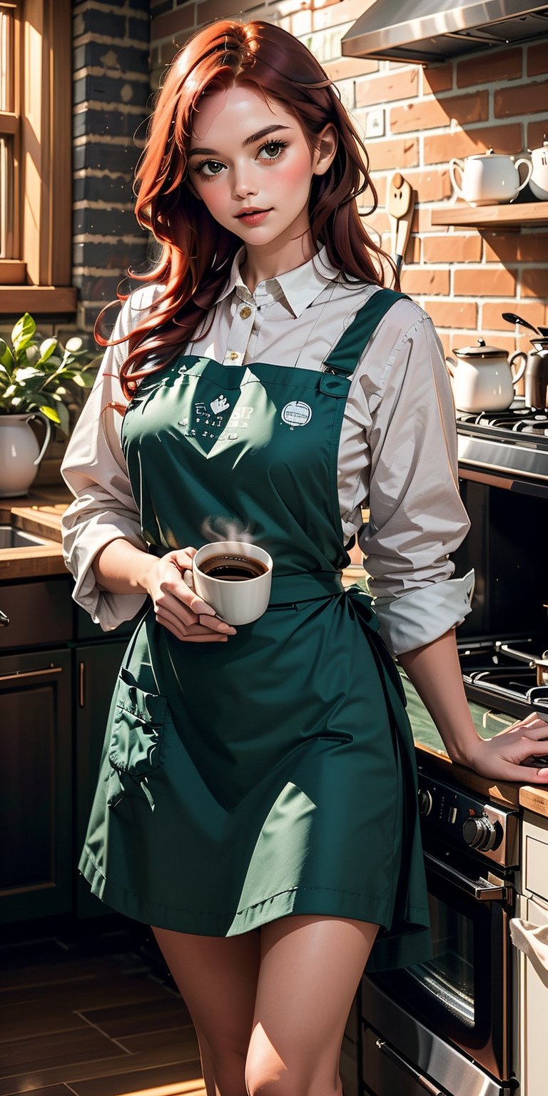 A woman with long red hair is standing in a kitchen, dressed in a green apron. She is holding a cup of coffee in one hand and a coffee mug in the other. Her apron has white coffee cup designs on it. She is also holding a black pen, possibly to write down a recipe. The kitchen has a brick wall in the background, and there is a white stove visible in the image.