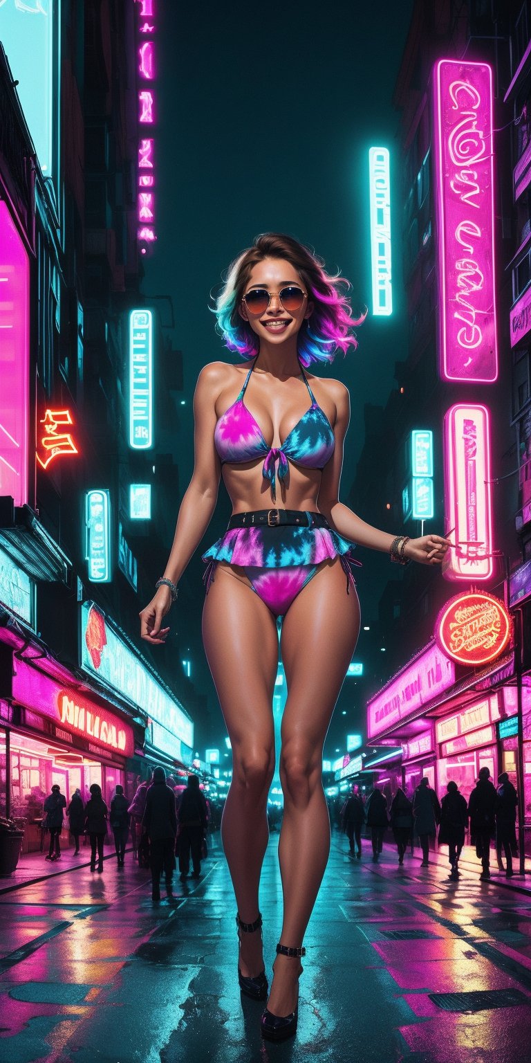 A woman in a vibrant bikini, wearing sunglasses, smiles confidently. Her bikini is multi-colored, with a tie-dye design and a high waist. She has a lean body and is standing in front of a cityscape, featuring colorful buildings and neon lights. The city appears to be lively and bustling, with numerous lights illuminating the scene.#Cartoon,Anime,Vector Art,Madmax,High Definition