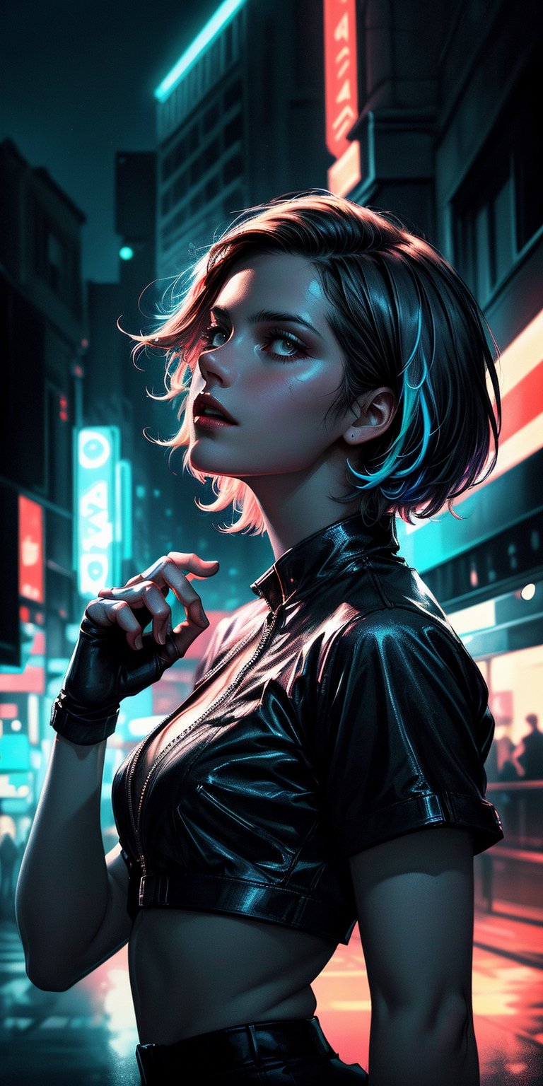 , (carmelie1:1.2)  
 highly detailed, complex composition, woman with short hair looking up, vibrant cityscape at night, neon lights, dynamic sky with streaks of light, realistic anatomy, accurate hands and fingers, intricate textures, dramatic lighting, shadows, high-quality rendering