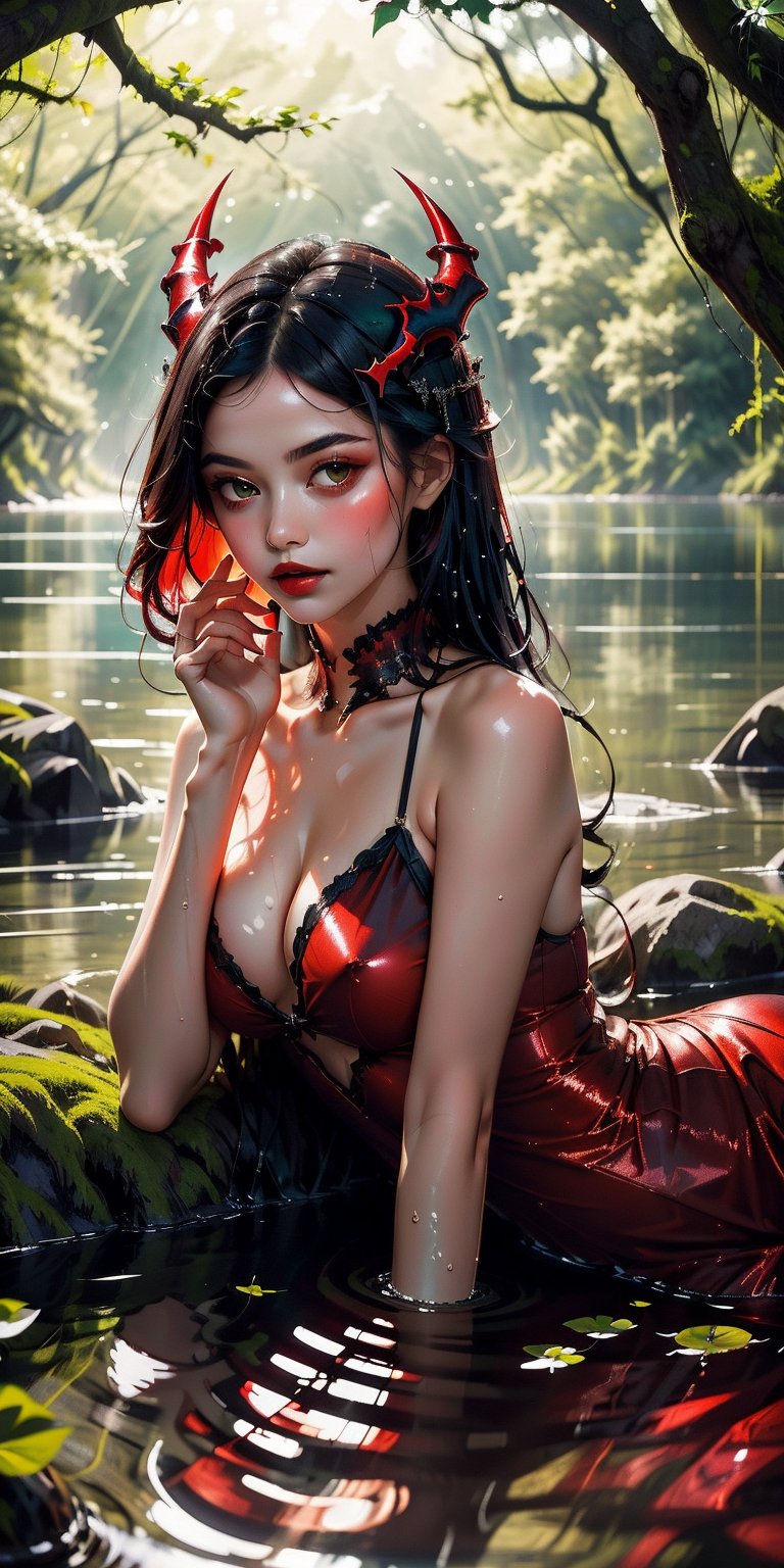 A devilish woman is lounging in a serene body of water. Her red skin glistens in the sunlight, and her horns rise from her head, adding to her otherworldly appearance. Her body is adorned with a shimmering, dark red aura that contrasts with the tranquil, blue-green water she's in. Her long, flowing black hair floats around her as she lays back, her hand resting gently on her chest. The lush greenery, including trees and foliage, surrounds the water, creating a peaceful and natural setting.