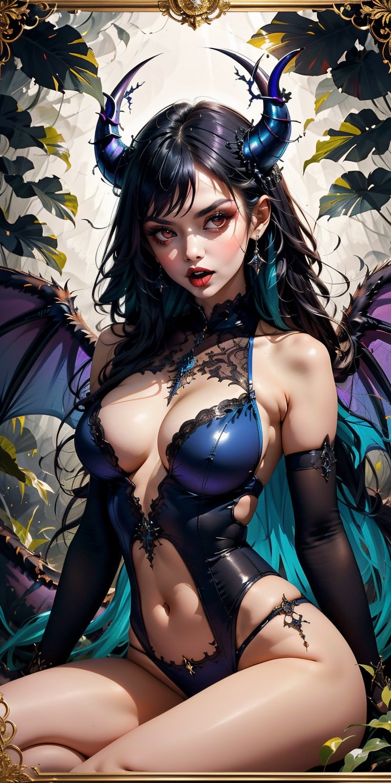 A majestic blue demoness sits confidently, her body adorned with a black outfit that accentuates her form. Her horns rise from her head, adding to her fierce appearance. She holds her tongue out, as if taunting or teasing someone. The background reveals an ornate golden ring encircling the scene, framed by verdant foliage that contrasts with the demoness's cool tones.