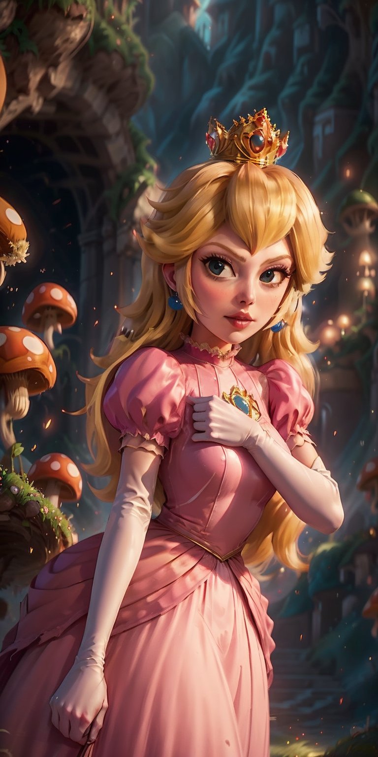 Generate a close-up, cinematic, and ultra-detailed photograph of a woman dressed as Princess Peach, portrayed in a powerful stance amidst the Mushroom Kingdom's Giant Mushroom area. The giant mushrooms should be subtly present in the soft-focused background, providing a whimsical yet majestic atmosphere. Keywords for enhancement: 'intimate', 'bold', 'heroic', and 'detailed'. Capture Princess Peach's essence with a personal touch, making her the centerpiece of this enchanting scene. Blonde hair.     