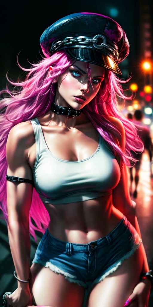 (best quality,4k,8k,highres,masterpiece:1.2),ultra-detailed,(realistic,photorealistic,photo-realistic:1.37), Poison Kiss,Street Fighter,pink long hair,cap,shorts,tank top,metallic claws,piercing glare,gritty urban setting,neon lights,fierce and intense,action-packed,stylish street fashion,dim color palette,strong contrasting shadows,photografic pose,poison (sf)