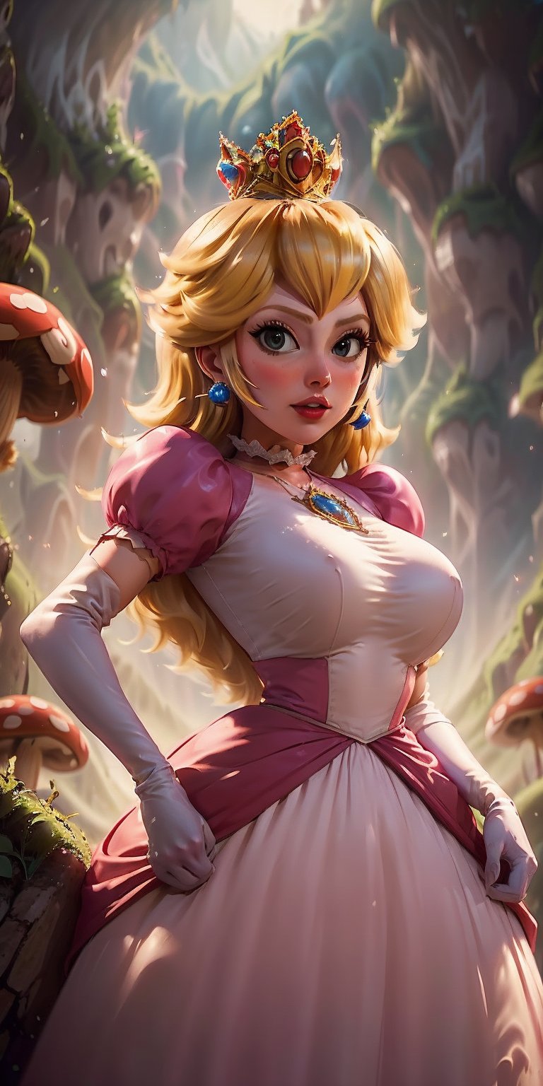 Generate a close-up, cinematic, and ultra-detailed photograph of a woman dressed as Princess Peach, portrayed in a powerful stance amidst the Mushroom Kingdom's Giant Mushroom area. The giant mushrooms should be subtly present in the soft-focused background, providing a whimsical yet majestic atmosphere. Keywords for enhancement: 'intimate', 'bold', 'heroic', and 'detailed'. Capture Princess Peach's essence with a personal touch, making her the centerpiece of this enchanting scene. Blonde hair.     