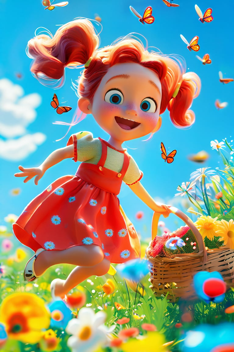 Cinematic shot, vibrant and uplifting tone, photo by David Hockney, Pixar style, a young girl with bright red pigtails wearing a colorful sundress, skipping through a field of wildflowers under a clear blue sky, butterflies fluttering around her, a gentle breeze making the flowers sway, sunlight casting playful shadows, a picnic basket nearby filled with treats, laughter and joy in the air, the innocence of childhood, a celebration of life and nature, bright and cheerful