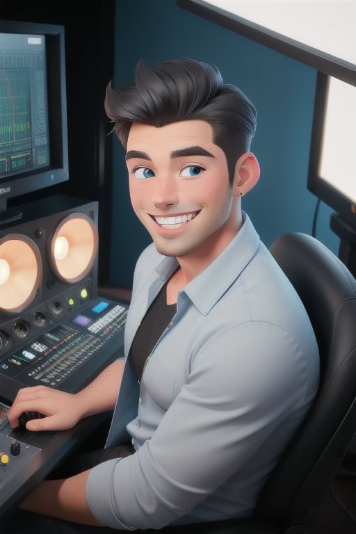 cartoon Generate a professional wide-angle half-length portrait photo of a man with an athletic build, casual shirt, detailed light blue eyes, Latino features, straight black hair, no facial hair, face without acne, perfect teeth, smiling, backlit, fashion photography, focused, symmetrical, sitting in a chair, in a recording studio broadcasting a podcast live. The environment resembles a radio studio.
wide-angle half-body professional portrait photo of a man with athletic build, black shirt, detailed blue eyes, Latin features, straight black hair, no facial hair, acne-free face, perfect teeth, smiling, backlit, fashion photography, centered, symmetrical, hasselblad helios 44-2 58mm F2, by Annie Leibovitz and Ellen von Unwerth, The background of the photo should be a recording studio that resembles a radio studio.
