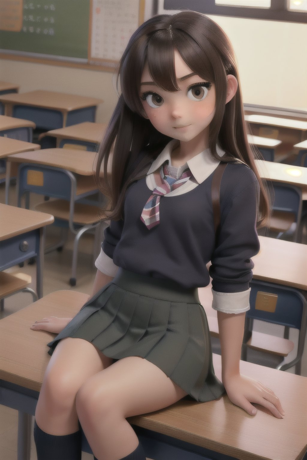  1girl in a microskirt, schoolgirl uniform. She sits on a desk. She is surrounded by multiple boys in schoolboy uniforms. In a classroom. The teacher walks in the door with a shocked expression.