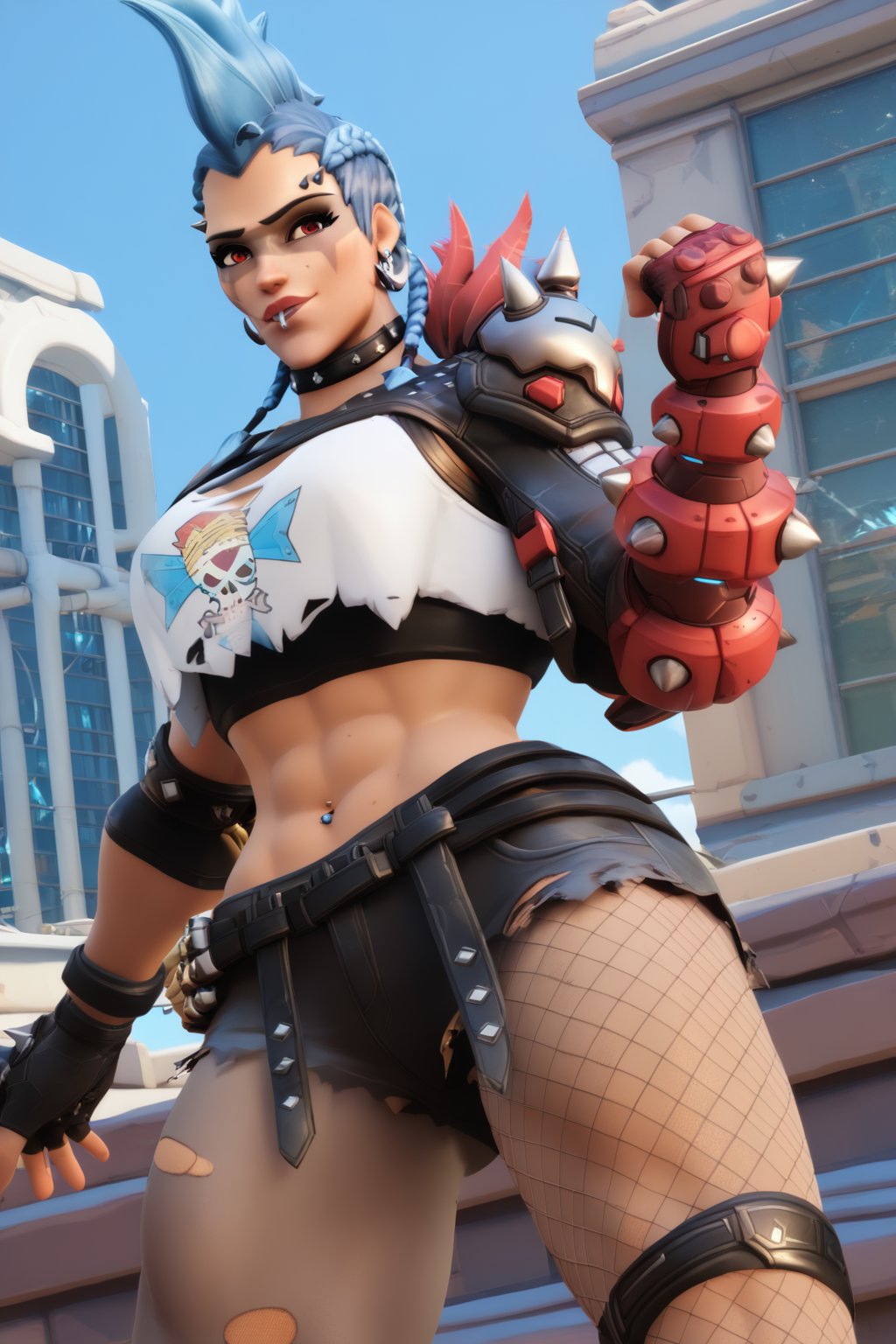 score_9, score_8_up, score_7_up, 1girl, junker queen, overwatch, junkerqxl, blue hair, mohawk, facepaint, red eyes, muscular, looking at viewer, crop top, shorts, collar, earrings, lip piercing, fingerless gloves, single gauntlet, fishnets, fishnet pantyhose, torn pantyhose, single leg pantyhose, torn clothes, shoulder spikes, navel, battle stance, city