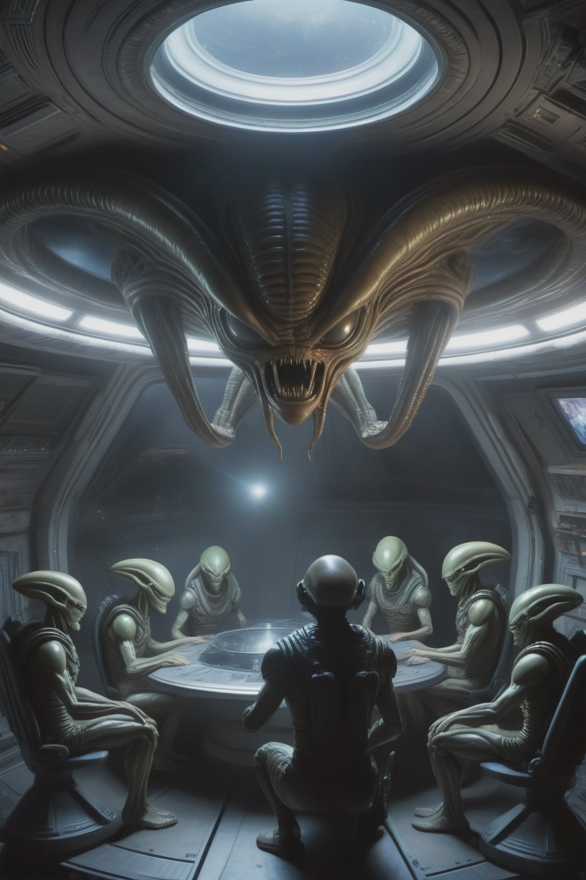 aliens within a mothership looking down to Ukraine war below,  standing and talking,  alien screens and tools by CroBob on...
